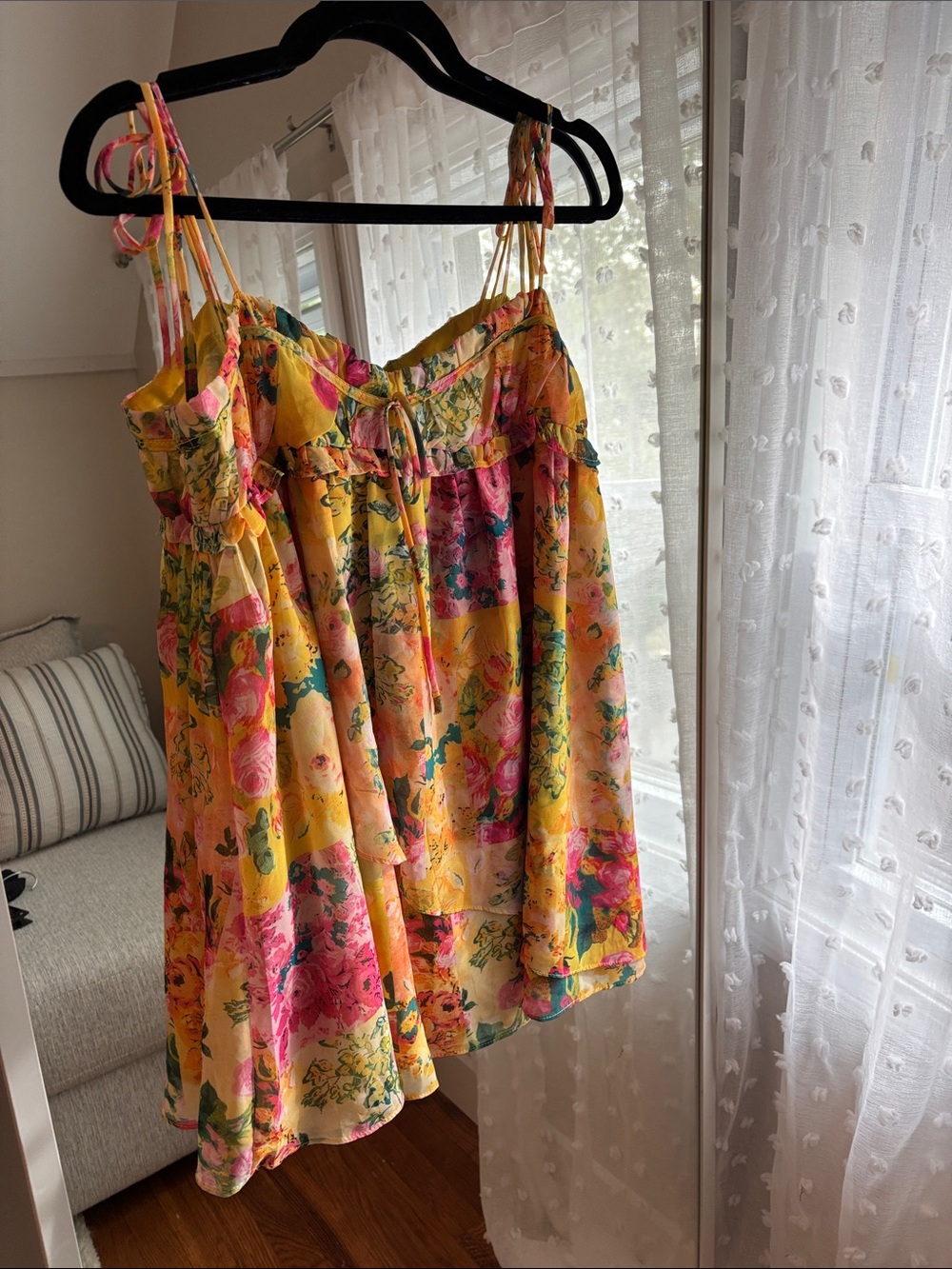 Floral Tie-Shoulder Mini Dress in Yellow and Pink